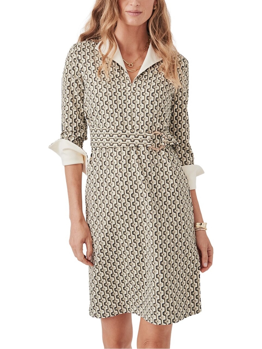 J.McLaughlin Daniele Dress Geometric Print Belted Sheath Dress Long Sleeve Large